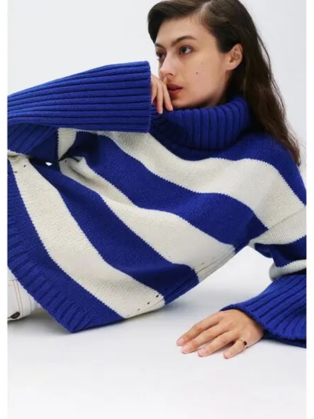 Goop G. Label Jazmyn High Cuff Striped Turtleneck Sz S (Oversized) Blue & White